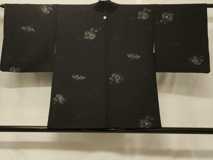 平和屋着物＃羽織　寿光織　草花文　黒地　金銀糸　正絹　逸品　CABG8214in