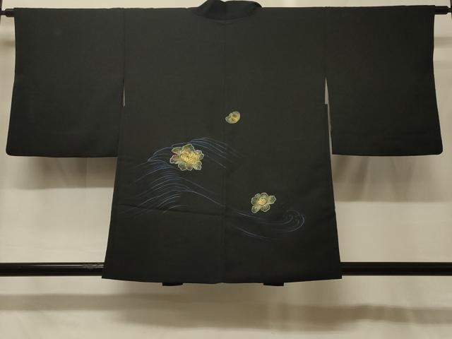 平和屋着物＃羽織　駒刺繍　流水舞花文　黒地　正絹　逸品　CABG8223in