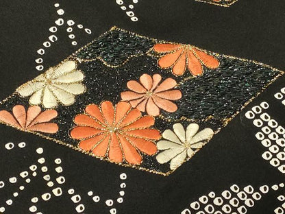 平和屋着物＃羽織　刺繍　花菱文　黒地　金糸　正絹　逸品　CABG8226in