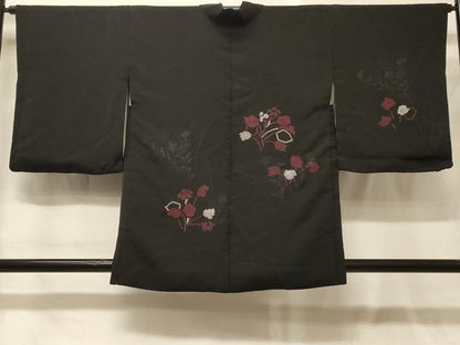 平和屋着物＃羽織　絞り　枝花文　黒地　正絹　逸品　CABG8231in
