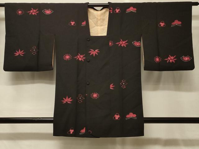 平和屋着物＃道行コート　ろうけつ染め　吉祥草花文　黒地　正絹　逸品　CABG8233in