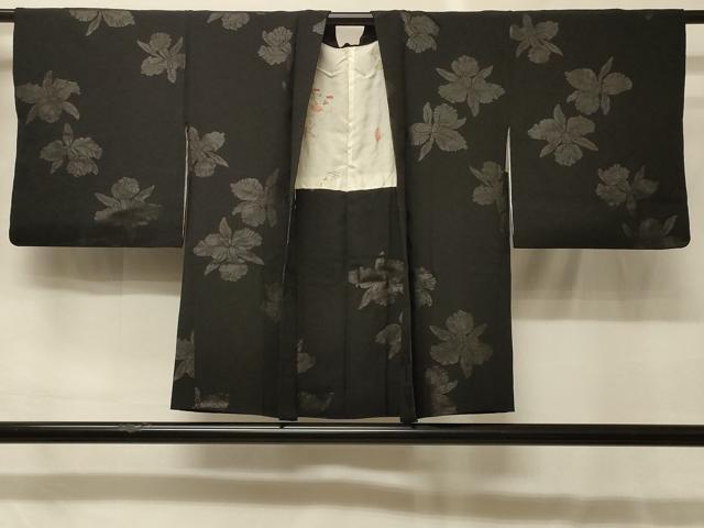 平和屋着物＃羽織　草花文　黒地　正絹　逸品　CABG8235in