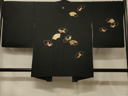 平和屋着物＃羽織　駒刺繍　地紙吉祥花文　黒地　正絹　逸品　CABG8237in