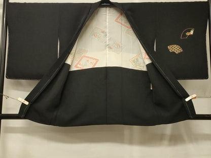 平和屋着物＃羽織　駒刺繍　地紙吉祥花文　黒地　正絹　逸品　CABG8237in