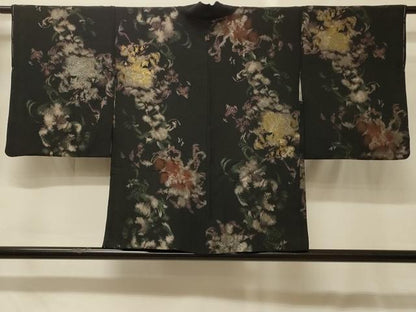 平和屋着物＃羽織　寿光織　草花文　黒地　金糸　正絹　逸品　CABG8248in
