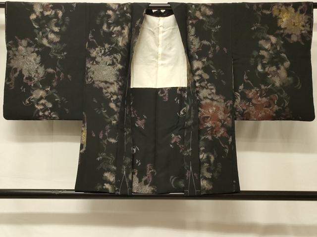 平和屋着物＃羽織　寿光織　草花文　黒地　金糸　正絹　逸品　CABG8248in