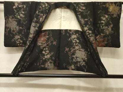 平和屋着物＃羽織　寿光織　草花文　黒地　金糸　正絹　逸品　CABG8248in