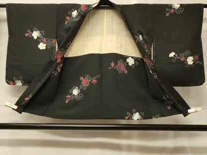 平和屋着物＃羽織　草花文　黒地　正絹　逸品　未使用　CABG8249in