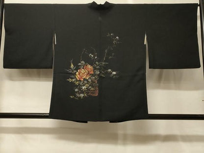平和屋着物＃羽織　寿光織　花籠文　薔薇　バラ　黒地　金銀糸　正絹　逸品　CABG8252in