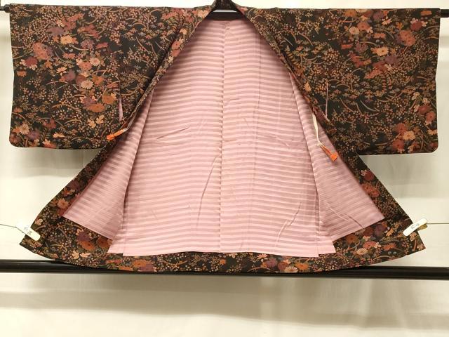 平和屋着物＃羽織　草花文　黒地　鬼しぼ縮緬　正絹　逸品　CABG8256in