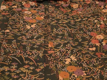 平和屋着物＃羽織　草花文　黒地　鬼しぼ縮緬　正絹　逸品　CABG8256in