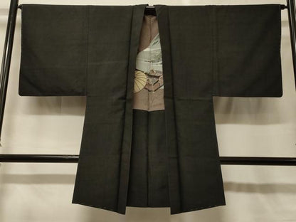 平和屋着物＃男性　長羽織　紬地　黒地　正絹　逸品　未使用　CABG8265in