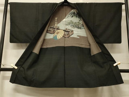 平和屋着物＃男性　長羽織　紬地　黒地　正絹　逸品　未使用　CABG8265in