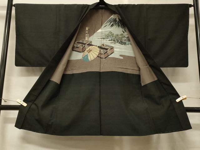 平和屋着物＃男性　長羽織　紬地　黒地　正絹　逸品　未使用　CABG8265in