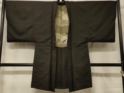 平和屋着物＃男性　長羽織　黒地　正絹　逸品　CABG8269in