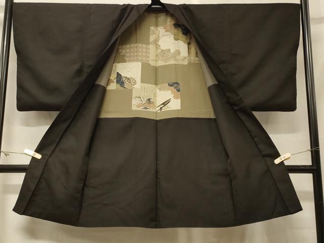 平和屋着物＃男性　長羽織　黒地　正絹　逸品　CABG8269in