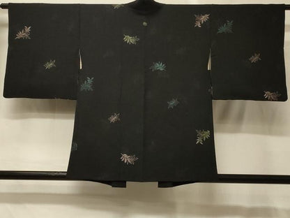 平和屋着物＃羽織　寿光織　舞葉文　黒地　銀糸　正絹　逸品　CABG8288in