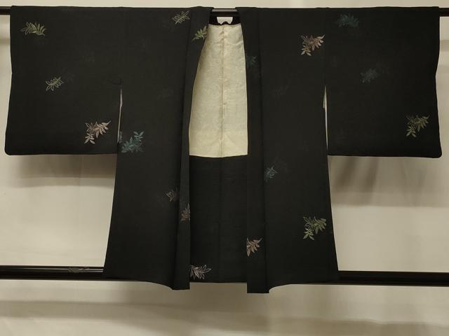 平和屋着物＃羽織　寿光織　舞葉文　黒地　銀糸　正絹　逸品　CABG8288in