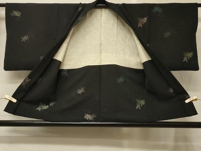 平和屋着物＃羽織　寿光織　舞葉文　黒地　銀糸　正絹　逸品　CABG8288in