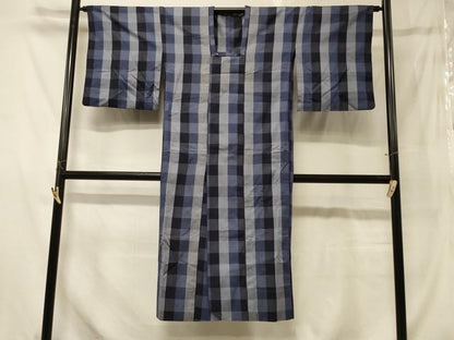平和屋着物＃道行コート　お召地　単衣　チェック柄　ロング丈　正絹　逸品　CABG8291in