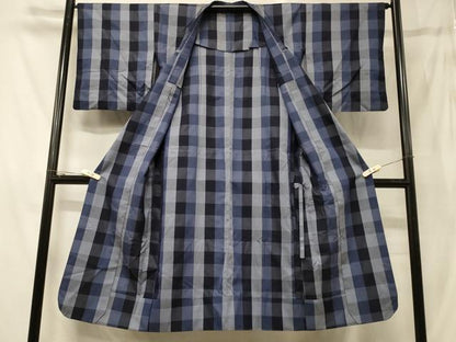 平和屋着物＃道行コート　お召地　単衣　チェック柄　ロング丈　正絹　逸品　CABG8291in