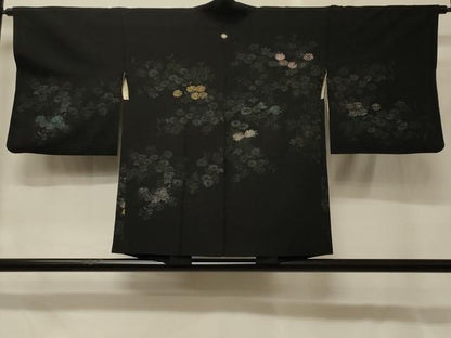 平和屋着物＃羽織　寿光織　草花文　黒地　金銀糸　正絹　逸品　CABG8296in