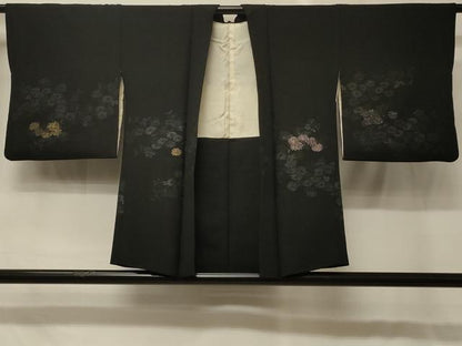 平和屋着物＃羽織　寿光織　草花文　黒地　金銀糸　正絹　逸品　CABG8296in