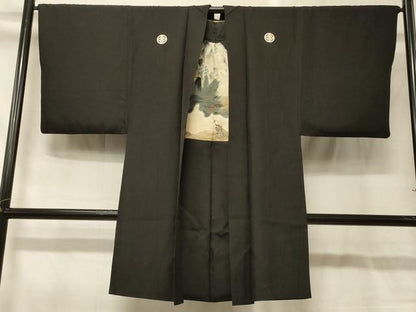 平和屋着物＃男性　長羽織　黒紋付き　正絹　逸品　CABG8298in