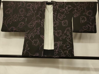 平和屋着物＃羽織　枝花文　黒地　正絹　逸品　CABG8314in