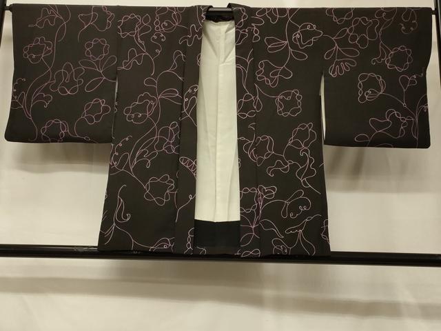 平和屋着物＃羽織　枝花文　黒地　正絹　逸品　CABG8314in
