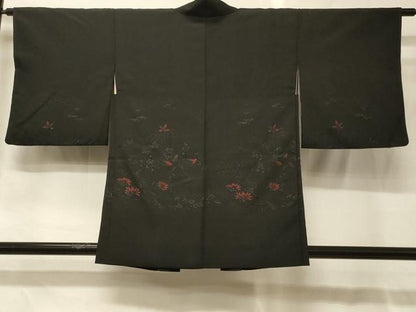 平和屋着物＃羽織　流水草花文　黒地　正絹　逸品　CABG8316in