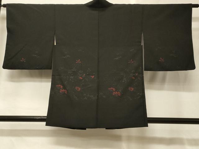 平和屋着物＃羽織　流水草花文　黒地　正絹　逸品　CABG8316in