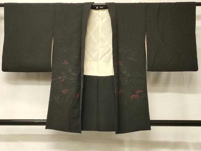 平和屋着物＃羽織　流水草花文　黒地　正絹　逸品　CABG8316in