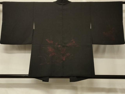 平和屋着物＃羽織　草花文　黒地　正絹　逸品　CABG8317in