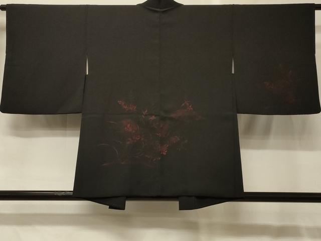 平和屋着物＃羽織　草花文　黒地　正絹　逸品　CABG8317in