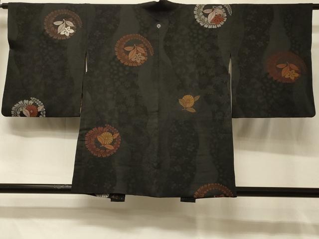 平和屋着物＃羽織　寿光織　草花丸文　黒地　銀糸　正絹　逸品　未使用　CABG8322in