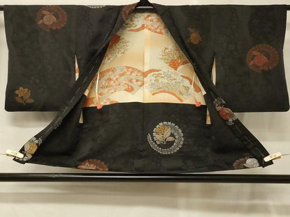 平和屋着物＃羽織　寿光織　草花丸文　黒地　銀糸　正絹　逸品　未使用　CABG8322in