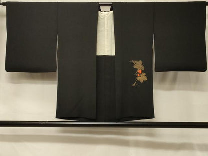 平和屋着物＃羽織　駒刺繍　葡萄蔦の葉文　黒地　正絹　逸品　CABG8325in