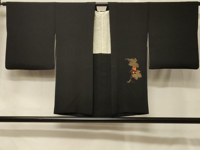 平和屋着物＃羽織　駒刺繍　葡萄蔦の葉文　黒地　正絹　逸品　CABG8325in