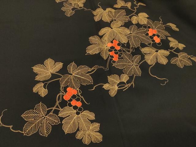 平和屋着物＃羽織　駒刺繍　葡萄蔦の葉文　黒地　正絹　逸品　CABG8325in