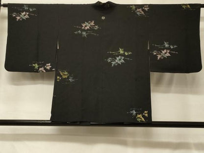 平和屋着物＃羽織　寿光織　秋草文　黒地　金糸　正絹　逸品　CABG8326in