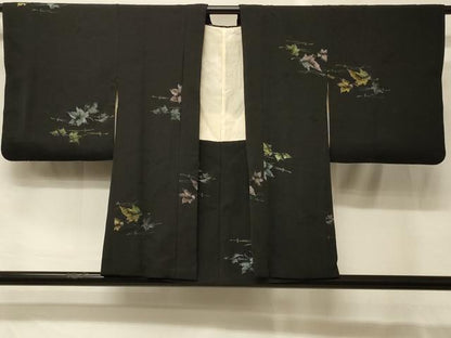 平和屋着物＃羽織　寿光織　秋草文　黒地　金糸　正絹　逸品　CABG8326in