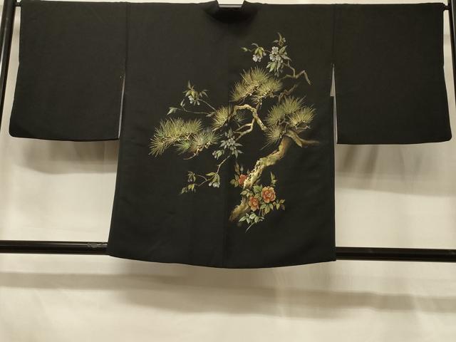平和屋着物＃羽織　寿光織　枝松花文　黒地　金糸　正絹　逸品　CABG8344in