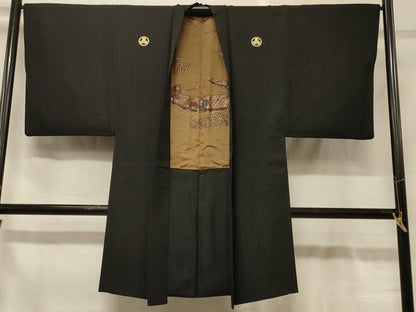 平和屋着物＃男性　長羽織　黒紋付き　正絹　逸品　CABG8347in