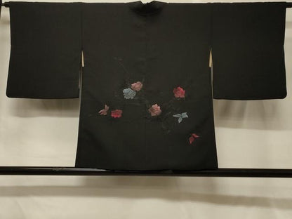 平和屋着物＃羽織　総刺繍　枝花文　黒地　正絹　逸品　CABG8351in