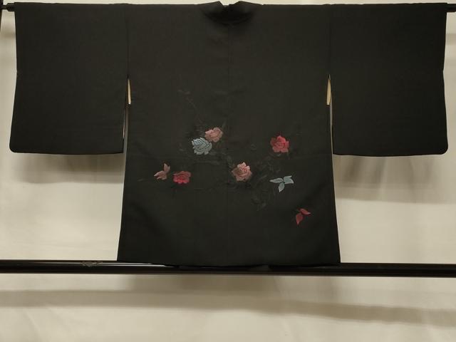平和屋着物＃羽織　総刺繍　枝花文　黒地　正絹　逸品　CABG8351in