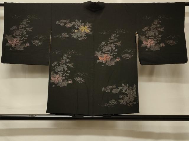 平和屋着物＃羽織　寿光織　草花文　黒地　金糸　正絹　逸品　CABG8364in