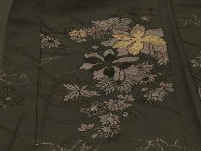 平和屋着物＃羽織　寿光織　草花文　黒地　金糸　正絹　逸品　CABG8364in