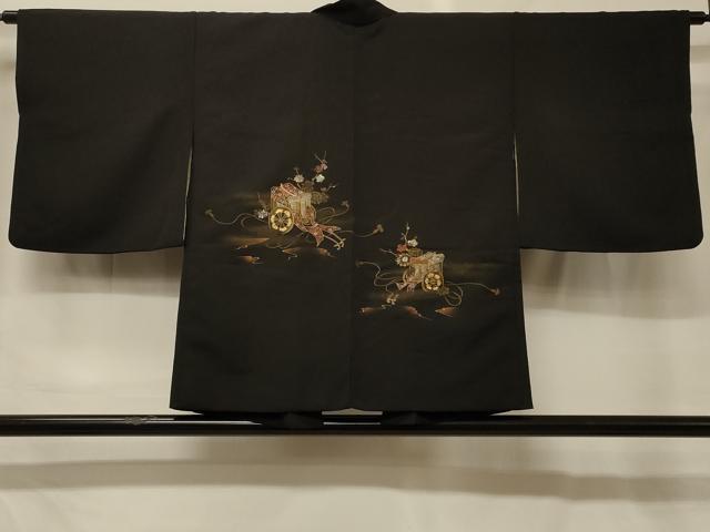 平和屋着物＃羽織　寿光織　御所車花文　黒地　金糸　正絹　逸品　CABG8367in