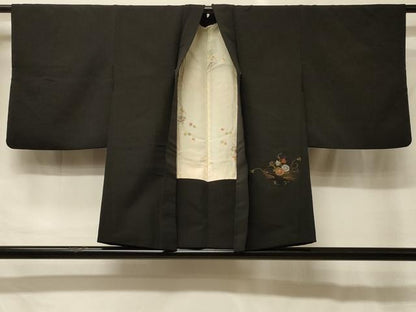 平和屋着物＃羽織　寿光織　御所車花文　黒地　金糸　正絹　逸品　CABG8367in